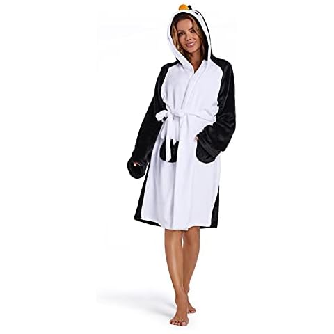 OLAOLA Plush Robes Penguin Bathrobes with Hood Flannel Animal Bath Robe for Women Men, Adult Penguin, Medium Cover