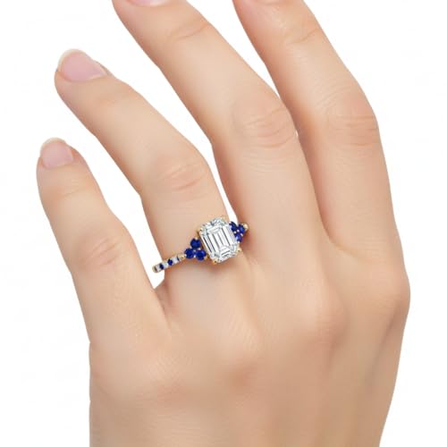 Image of Choose Your Gemstone Emerald Cut Petite Cathedral Diamond CZ Ring Yellow Gold Plated Emerald Shape Petite Engagement Rings for Women, Girls and Ladies US Size 4 to 12