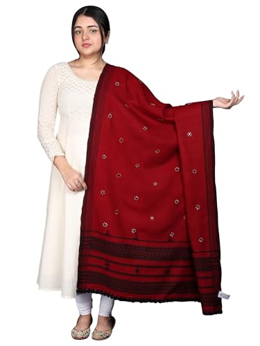 Shawl from Kutch with Embroidered Flowers and Mirrors - Wool