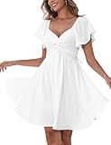 Florboom Women's Sweetheart Neck Sexy Mini Dress Knot Front Flutter Short Sleeve Beach Chiffon Summer Dresses 2025 (White, S)