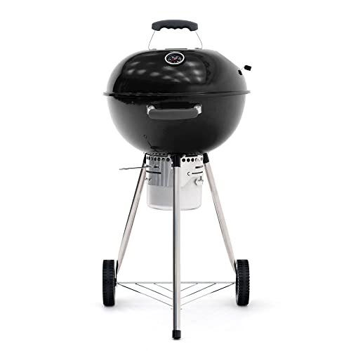 KEKAI Yellowstone - Barbacoa de carbón portátil con ruedas (58 x 47 x 100 cm, acero inoxidable, redondo, con tapa protectora, encendedor de fuego, acabado esmaltado negro