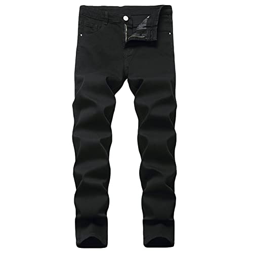 Jeans for Men Stretch Fit Slim Destroyed Distressed Taper Zipper Pants with Holes Distressed Tape Black