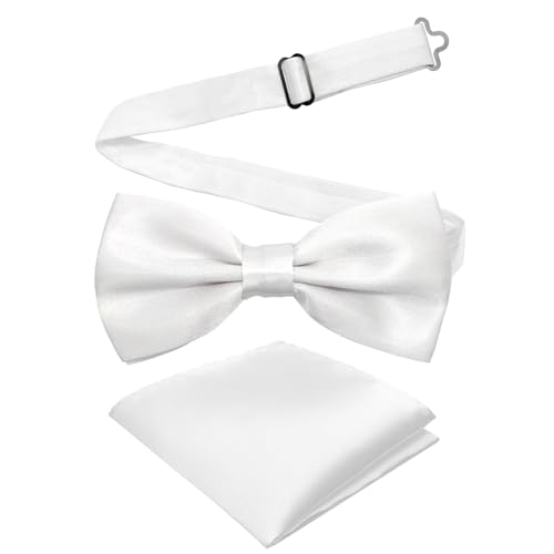 Medsuo Y-ZS-11-B46-BAI Adjustable Bowtie And Pocket Square Set Men Bowtie And Handkerchief Solid Color Double Fold Pre-Tied Bow Tie cover