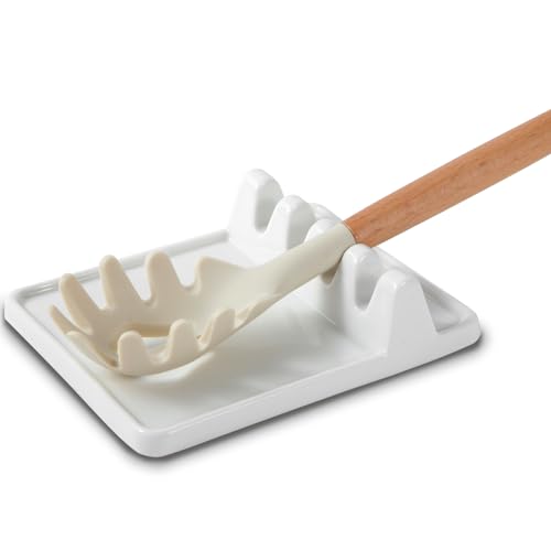 Ceramic Utensil Rest with Drip Pad for Multiple Utensils, Heat-Resistant, Spoon Rest & Spoon Holder for Stove Top, Kitchen Utensil Holder for Spoons, Ladles, Tongs & More (white)
