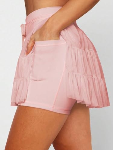 EARKOHA 2025 Skirts for Women High Waist Tie Pleated Solid Color Mini Skirt with Pockets Pink S3