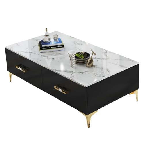 Image of Furo Premium Marble-Top Wooden Center Table for Living Room | PVD Coating Iron Legs| Modern Entryway Furniture | Coffee Table - 42x24x17 Inch (Black and White)