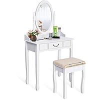 Giantex White Vanity Table Set with Stool, Dressing Table for Girls Women Mirror Makeup Table Desk Room Vanity Dresser, Large Bedroom Vanities w/Drawer