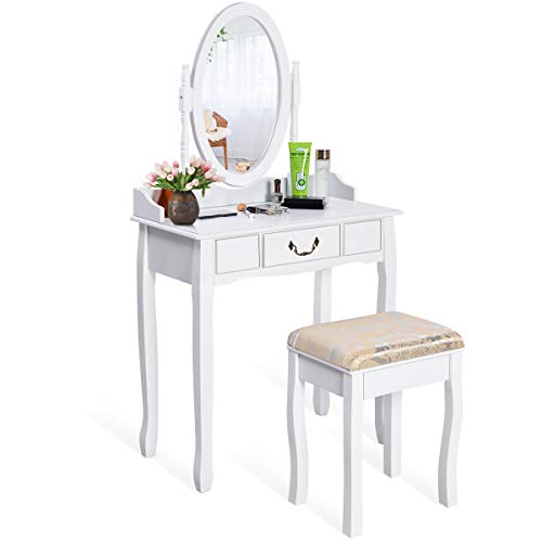 Giantex White Vanity Table Set with Stool, Dressing Table for Girls Women Mirror Makeup Table Desk Room Vanity Dresser, Large Bedroom Vanities w/Drawer