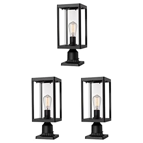 Beionxii Outdoor Post Lights | Modern Exterior Post Lantern with 3-Inch Pier Mount Adapter, Sand Textured Black Cast Aluminum with Clear Cylinder Glass - Bundle Set Cover