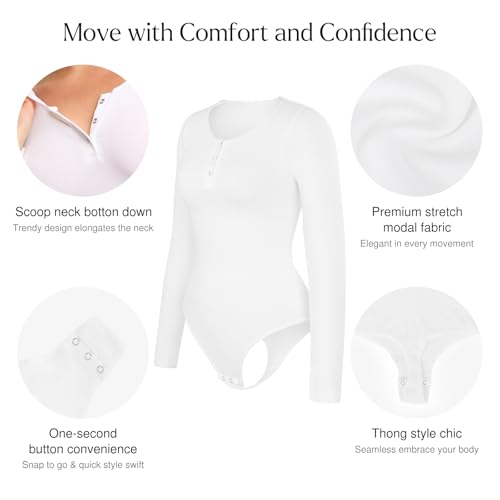Image of Popilush Long Sleeve Shapewear Bodysuit Tummy Control Henley Button Up Modal Scoop Neck Body Suit Tank Tops