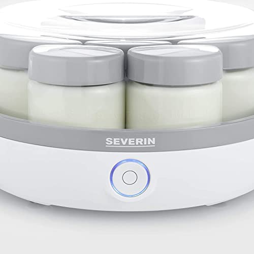 SEVERIN Yaourtière pratique et compacte, Machine à yaourt maison 13 W, Yaourtière électrique et 7 pots de yaourt en verre de 150 ml avec couvercle, garanti sans BPA, Blanc/Gris, JG 3518