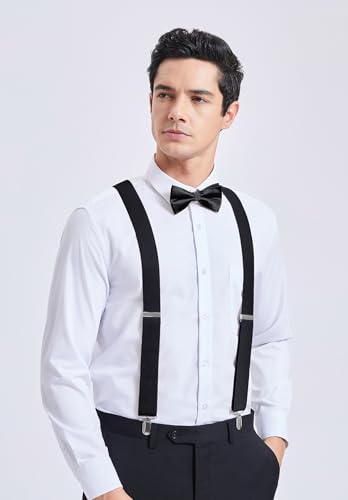Image of HISDERN Bow Tie and Suspenders for Men Elastic X-Back Suspender and Bowtie Set Adjustable Braces for Wedding Tuxedo