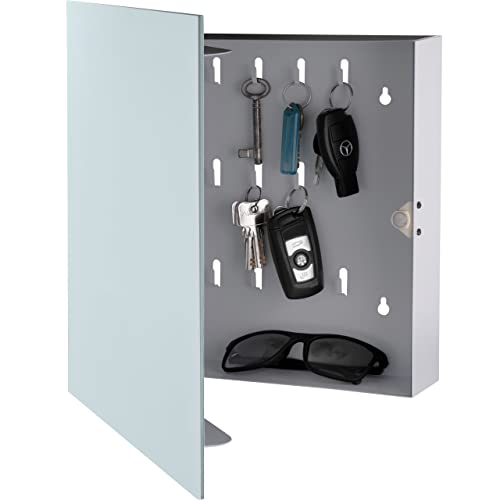 BALOU Schlüsselkasten modern mit Glas Magnettafel - Memoboard magnetisch mit 6 Magneten und Stift - Schlüsselschrank groß mit 20 Haken 33x33x6,8cm milchglas Weiss
