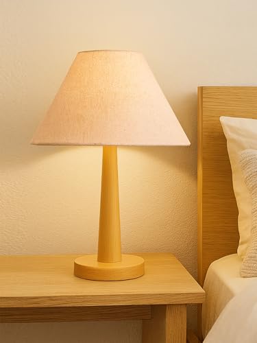 Image of Modern Wooden Table Lamp with Fabric Shade | Warm Ambient Lighting for Bedroom, Living Room & Home Decor | Bedside Nightstand Lamp with Soft Glow | Minimalist Design (Jute)