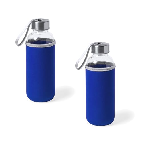 Genérico Juego de 2 Botellas de Agua de Cristal de 420ml con Funda de Neopreno y Tapa de Seguridad, Botellas Reutilizables de Bebidas para Deporte, Oficina y Viajes (Azul)