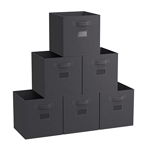 YOUDENOVA Aufbewahrungsbox 27x27x28 6er Pack, Stoffboxen mit Etikettenhaltern, Faltbox Aufbewahrungskiste Faltbare Kisten Ordnungsbox für Kleidung, Spielzeug, Weihnachtskugeln Grau A Cover
