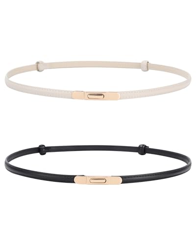 AWAYTR Women Skinny Leather Belt - 2 Pack Adjustable Thin Leather Belt for Jeans Dress with Gold Buckle