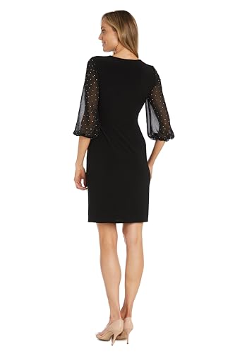 Image of Elegant Mini Cocktail Dress W /Sheer Rhinestone Balloon Sleeves