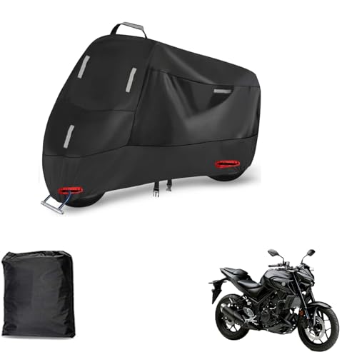 に適用ヤマハMT-03バイクカバー 300D 全天候型 オートバイカバー 原付カバー 防埃 防水 耐熱 盗難防止 紫外線防止 バイク用車体カバー 5つの反射ストリップ ワンタッチバックル付き 前後アイレット2つあり 盗難防止 収納バッグ付き