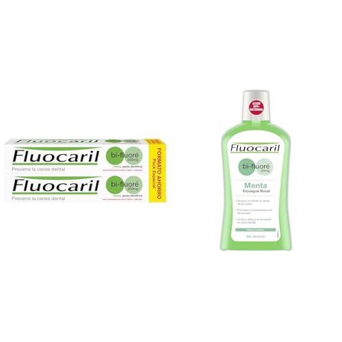 Fluocaril Bi-Fluoré 250 mg Pasta Dentrífica Anticaries Sabor Menta Previene la caries dental, Eficacia Clínicamente Probada Pack de 2x125 ml + FLUOCARIL Colutorio Bi-Fluore 500ml