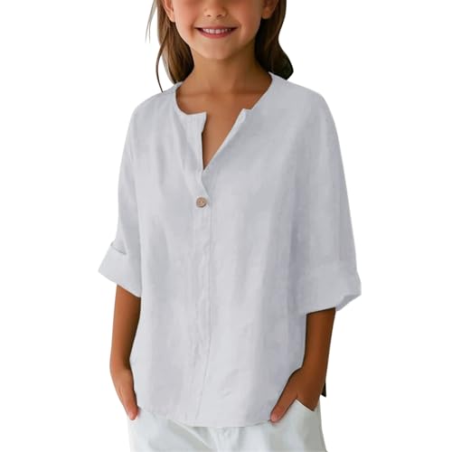 Linen Cotton Shirts for Girls 3/4 Sleeve Button V Neck Tunic Blouses Oversized Cotton Linen Shirts Dressy Casual Shirt