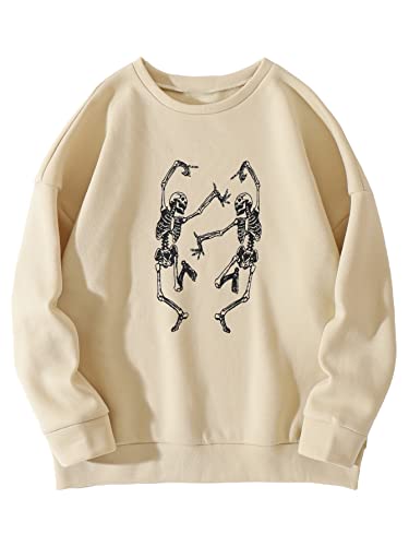 Shenhe Women's Graphic Skeleton Print Crewneck Long Sleeve Pullover Sweatshirt Tops Beige S #TOP6