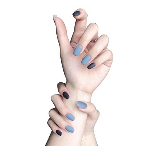 TJJF Falsche Nägel 24 Stück matte künstliche Nägel mit für Office Home Nagelspitzen Schwarz Hellblau Sprungfarbe Kurz gefälschter Nagel Drücken Sie auf Für Mädchen – Bild 3