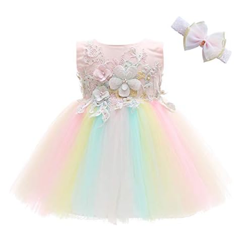 Weileenice Baby Girls Photo Shoot Outfit 6M/ 6-12 Infant Birthday Party Flower Lace Dress Peach Headband Rainbow Tulle Embroidery Princess Tutu Christening Baptism Dresses Pageant Cover