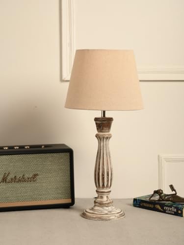 Image of Green Girgit Athens Wooden lamp with Taper Samre Brown Solid Shade, Vintage Style Table Lamp with Fabric Beige Shade, Distressed Wood Base (LED Bulb Included)