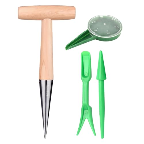 Stainless Steel Dibber for Planting Bulbs, Garden Dibber Tool with Wooden Handle, Bulb Planter Tool for Seedlings, Flowers & Vegetable Beds