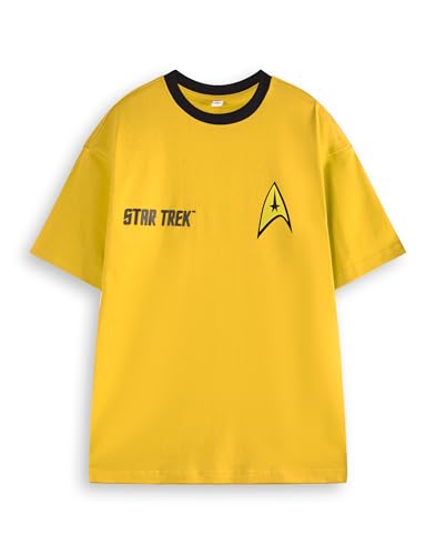 Star Trek Mens Captain Kirk Yellow T-Shirt | Admiral James T. Kirk Uniform Graphic Tee for Adults | Iconic Outfit Short-Sleeved Top for Trekkies | Comic Book Movie Film Sci-Fi Apparel Gift for Him
