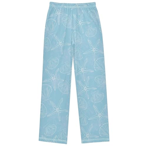 Boy's Pants White Scallop Shells Blue Jogger Pants Elastic Waist Long Bottoms Trousers with Pockets 6-14 Years
