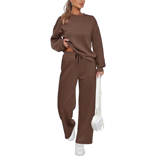Conjuntos de Sudadera para Mujer, Sudadera Informal de Manga Larga con Pantalones chándal Pierna Ancha, Ropa Estar por casa, Conjunto chándal, Color café, Talla Grande