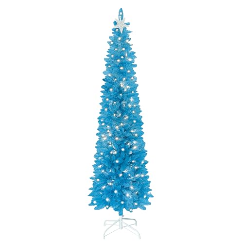 Yardenaler 6 FT Christmas Tree Bendable Artificial Whimsical Christmas Tree with 200 LED Lights Pre-lit Pencil Xmas Tree with 536 PVC Branches & Metal Stand for Holiday Home Party Blue