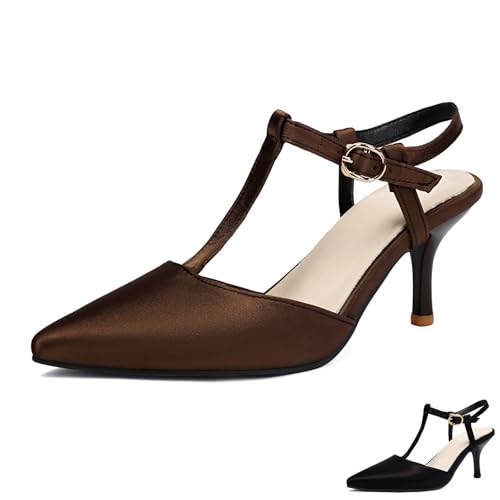 Women's Leather Slingback T-Strap High Stiletto Heel Pumps Sexy Comfortable Closed Pointed Toe Adjustable Ankle Buckle Breathable High Heel Business Dress Shoes for Office Party