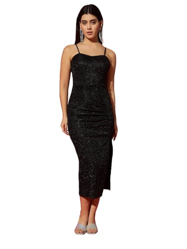 Image of Vaararo Lycra Sleeveless Party Dress for Women | Bodycon Shimmery Spaghetti Strap Outfit
