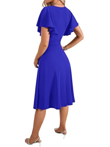Image of LYANER Women's Warp V Neck Ruffle Short Sleeve A Line Swing Flared Cocktail Party Midi Dress