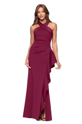 Image of Xscape Evenings Women's Long, Bodycon Low-Sheen Cross Front Halter Neck Evening Dress with Ruching & Ruffle Detail