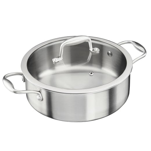 Cooks Professional Tri-Ply Saute Pan with Tempered Glass Lid & Helper Handle | 24cm Aluminum & Stainless-Steel Versatile Cooking Pan | Compatible with All Hobs Inc Induction & Oven Safe