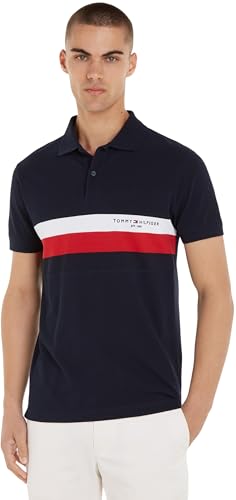 Tommy Hilfiger Herren Poloshirt Kurzarm Chest Colourblock Slim Fit, Blau...