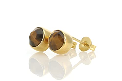 Boucles d'Oreilles Oeil de Tigre Or 14k - Puces d'oreilles minimalistes en pierre brune