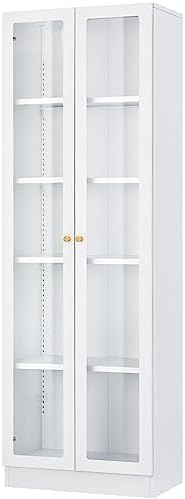 Alvisyd 72'' Tall Metal Adjustable Bookcase with Display Glass Doors,5 Tier Bookshelf for Home Office Storage, Livingroom, Kitchen, Bedroom