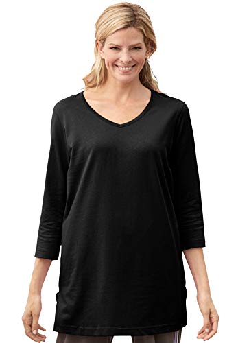 Woman Within Women's Plus Size Perfect Three-Quarter Sleeve V-Neck Tunic - 3X, Black