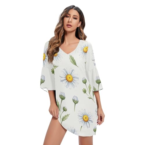 Robe manches 3/4 Daisy Flowers blanche pour un look d'été sans effort