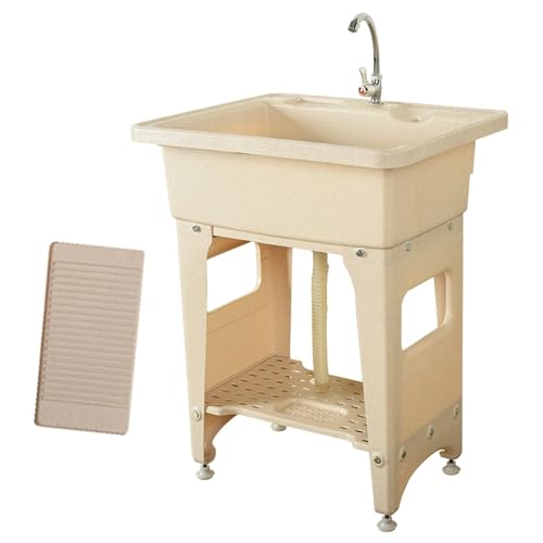 Fregadero Multiusos de Pie, Pila Lavadero de Plástico con Tabla de Lavar, Lavadero Pila Exterior con Mangueras y Kit de Desagüe, para Lavandería, Garaje(46x32x69cm)
