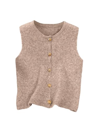 GORGLITTER Strickweste Damen Ärmellos Herbst Damenweste Elegant Strickpullover Herbstmode Strickjacke Mit Knöpfen Old Money Style Weste Khaki M