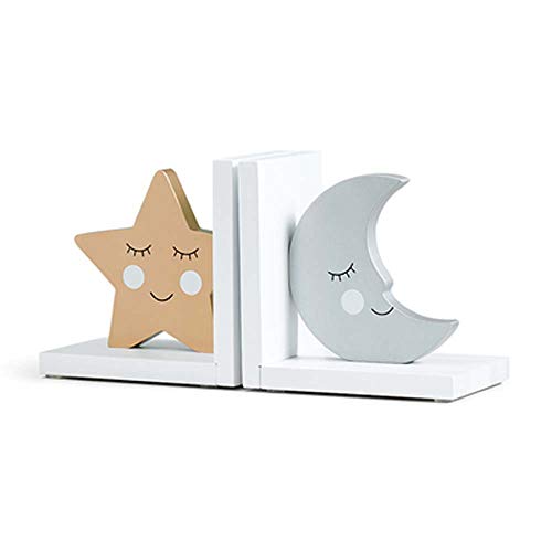 Image of Wooden Bookends for Kids Moon & Star Thematic Bookends for Kids Nursery Room Decor