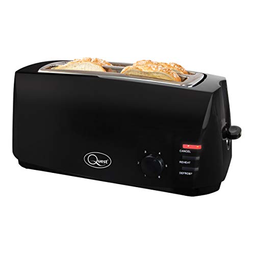 Quest 4 Slice Toaster Black – Extra Wide Long Slots for Crumpets and Bagels – 6 Settings – Reheat and Defrost