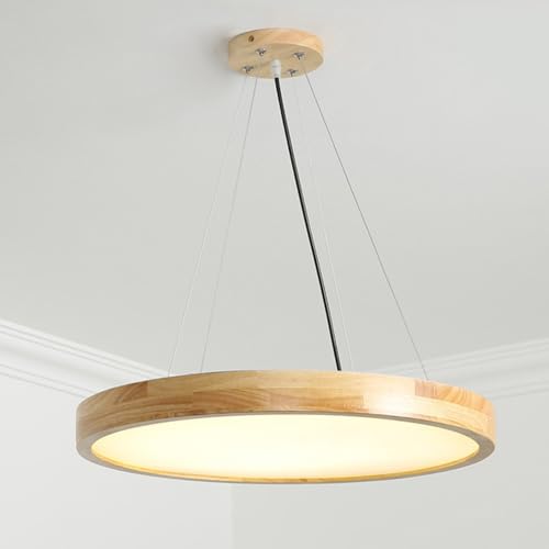 Lustre suspension LED moderne 60W avec grand abat-jour acrylique blanc et bois