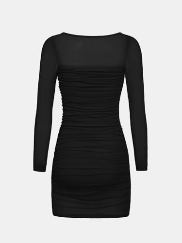 Floerns Girl's Square Neck Long Sleeve Ruched Sheer Mesh Bodycon Mini Dress2